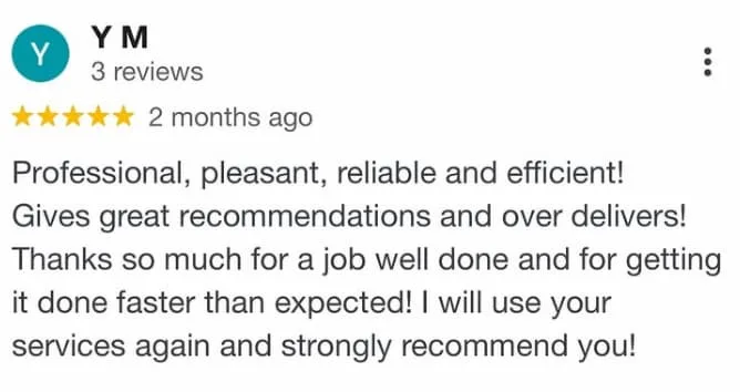 Review: Professional, pleasant, reliable and efficient! Gives great recommendations and over delivers! Thanks so much for a job well done and for getting it done faster than expected! I will use your services again and strongly recommend you!
